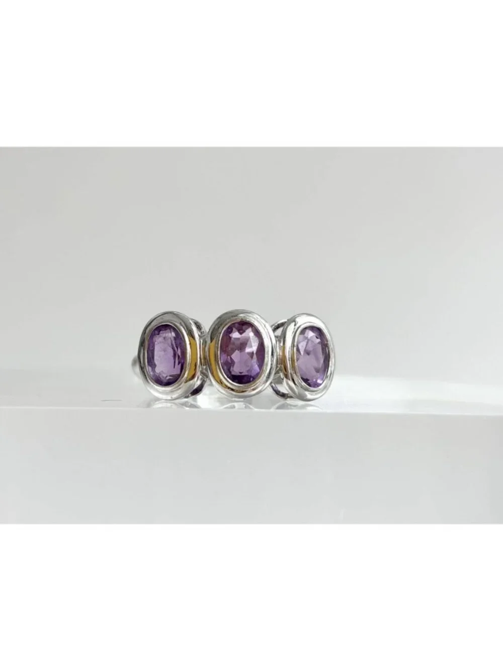 Triple Amethyst Gemstone Minimalist Sterling Silver 925 Vintage Ring - sz 8